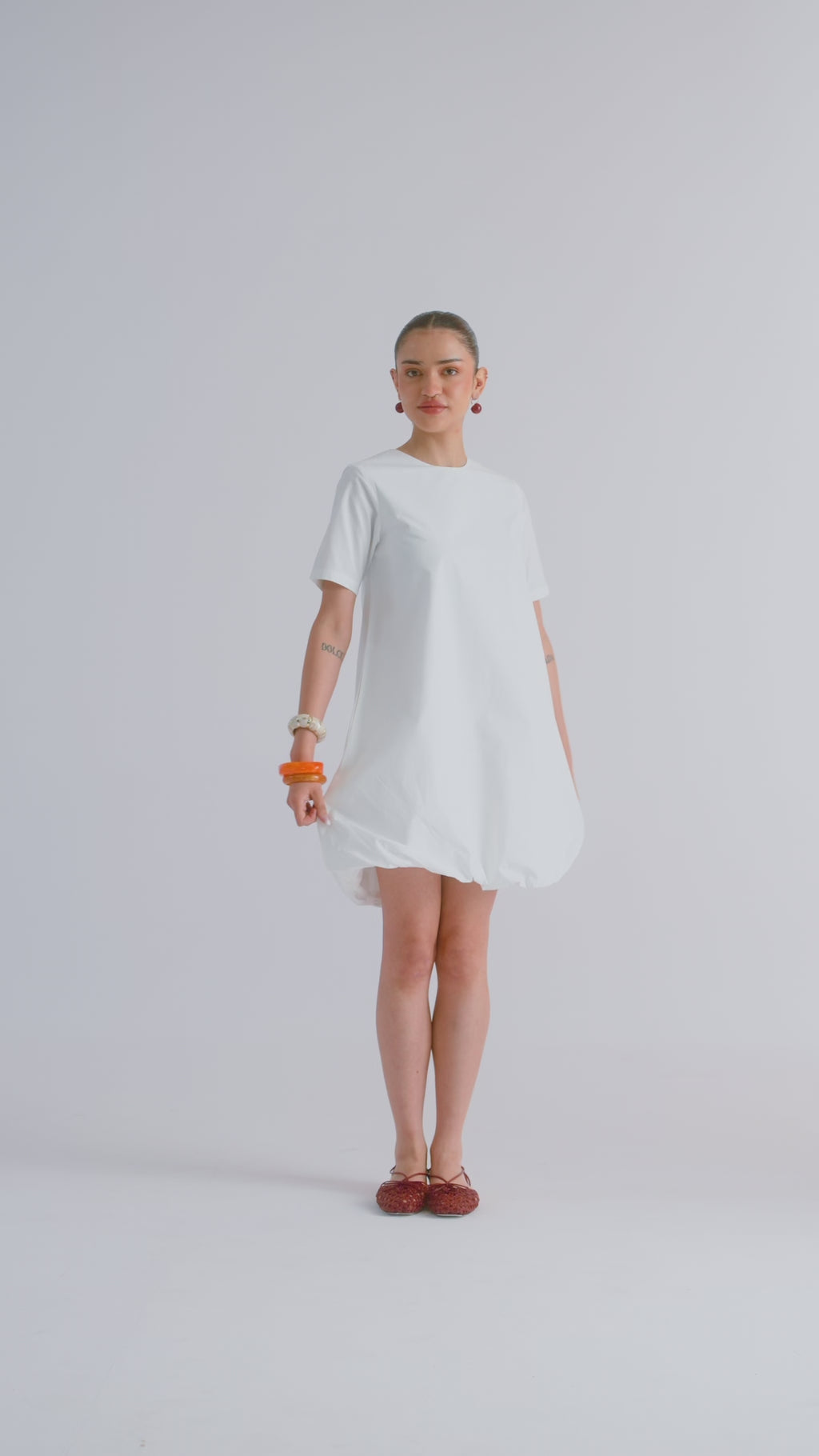 100% Cotton Poplin Bubble-Hem Mini Dress - White