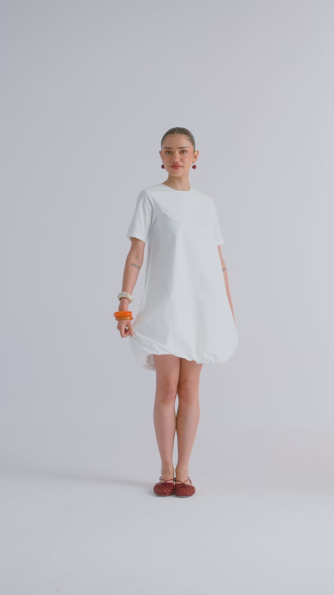 100% Cotton Poplin Bubble-Hem Mini Dress - White