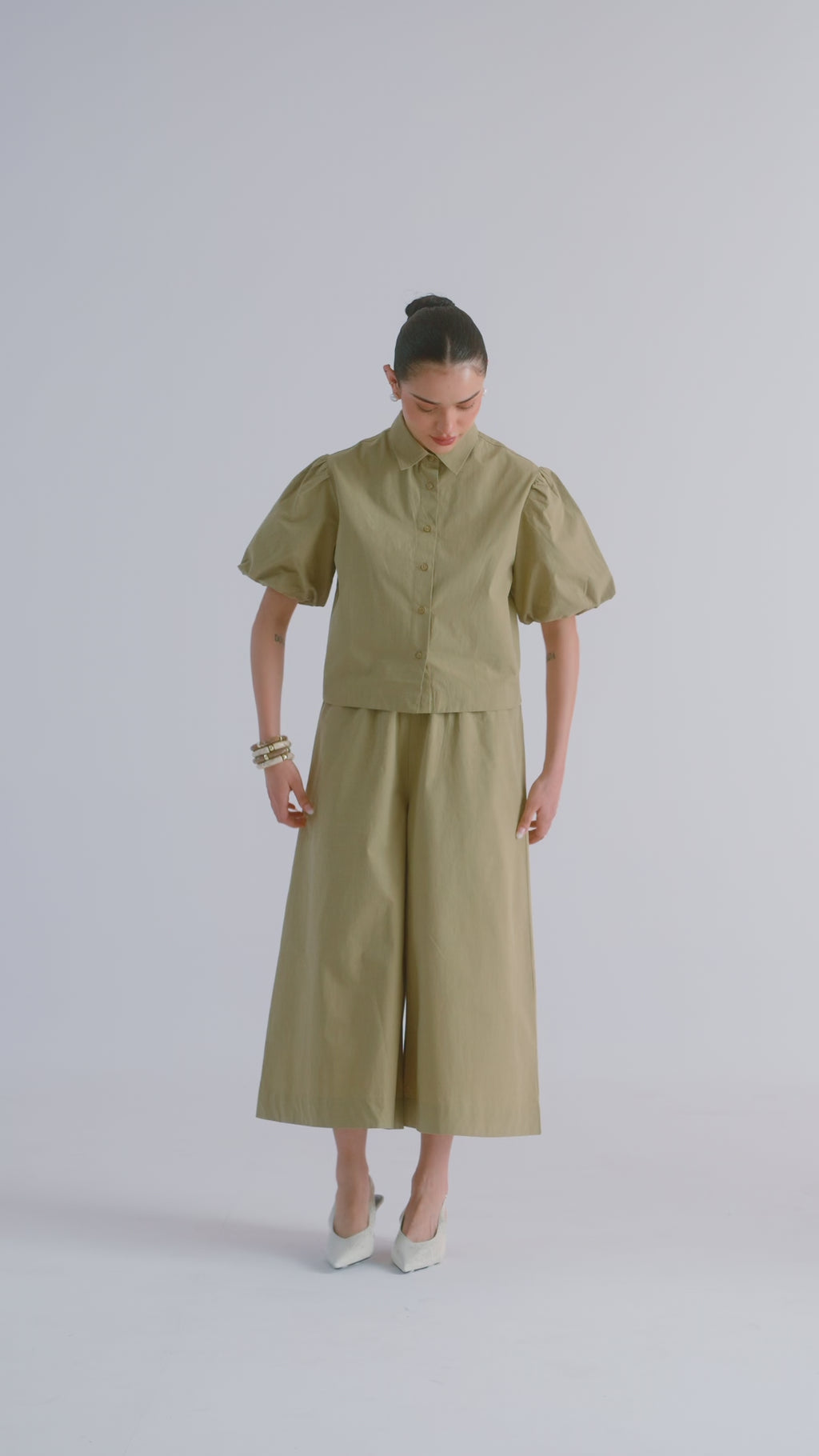 100% Cotton Poplin Pull-On Culottes - Olive Stone