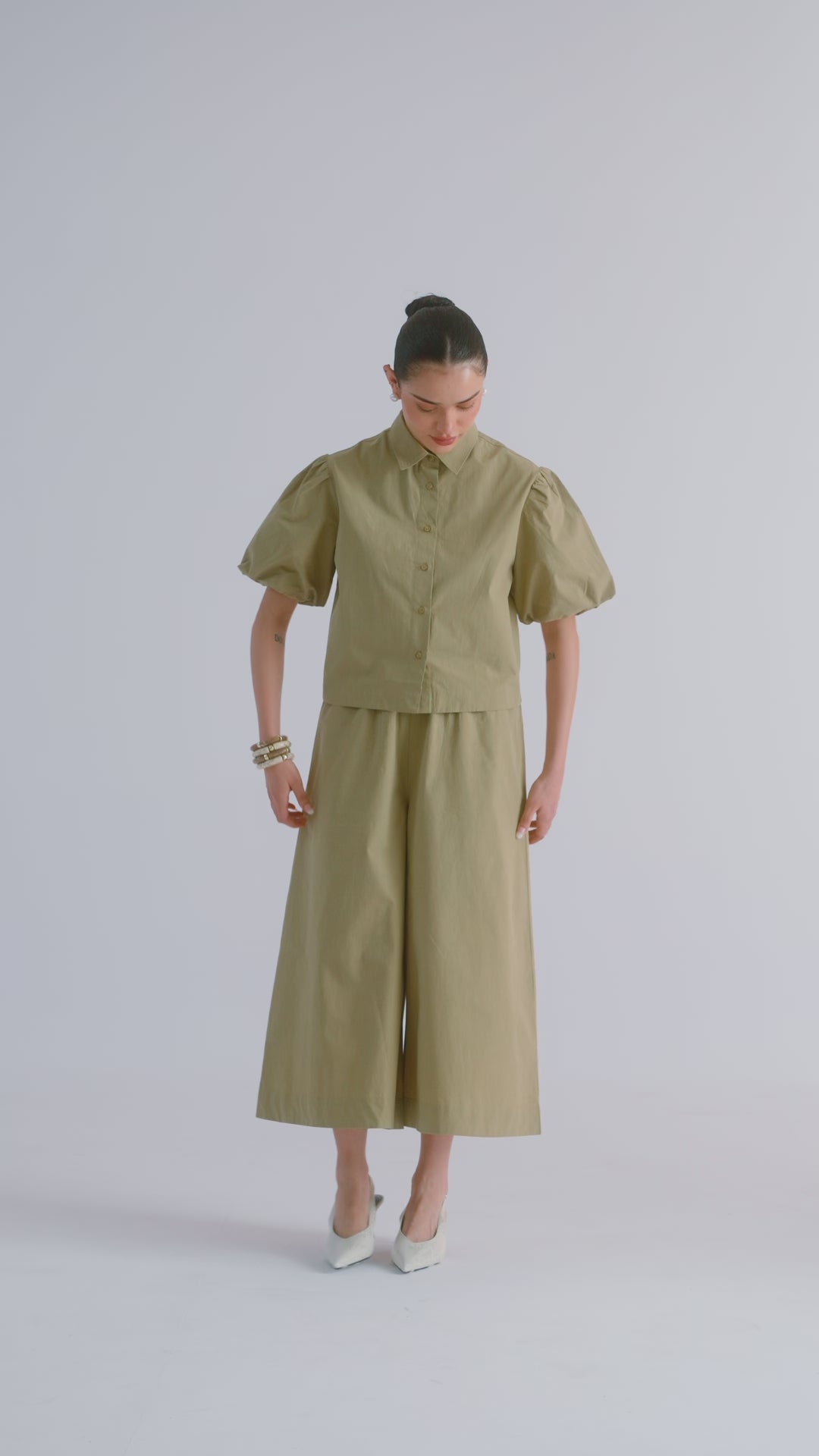 100% Cotton Poplin Pull-On Culottes - Olive Stone