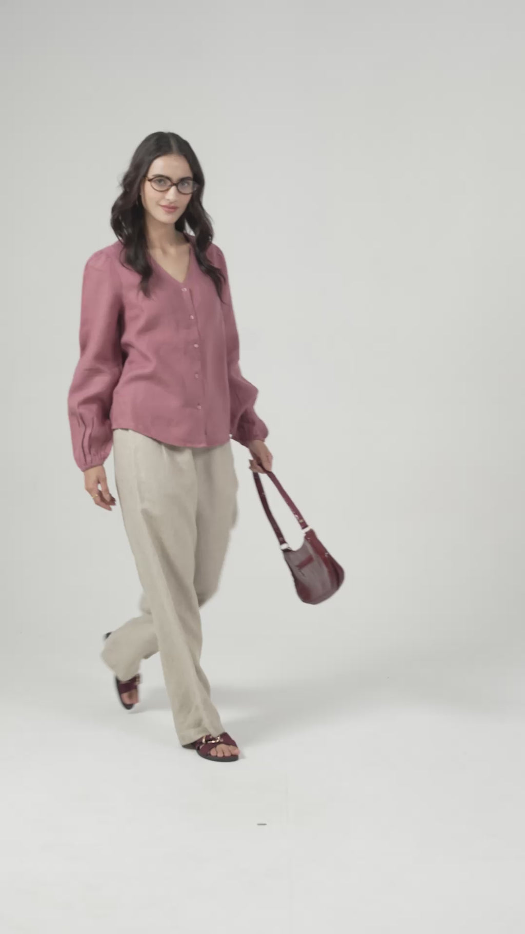 100% European Linen Regular Fit V-Neck Blouse - Rose