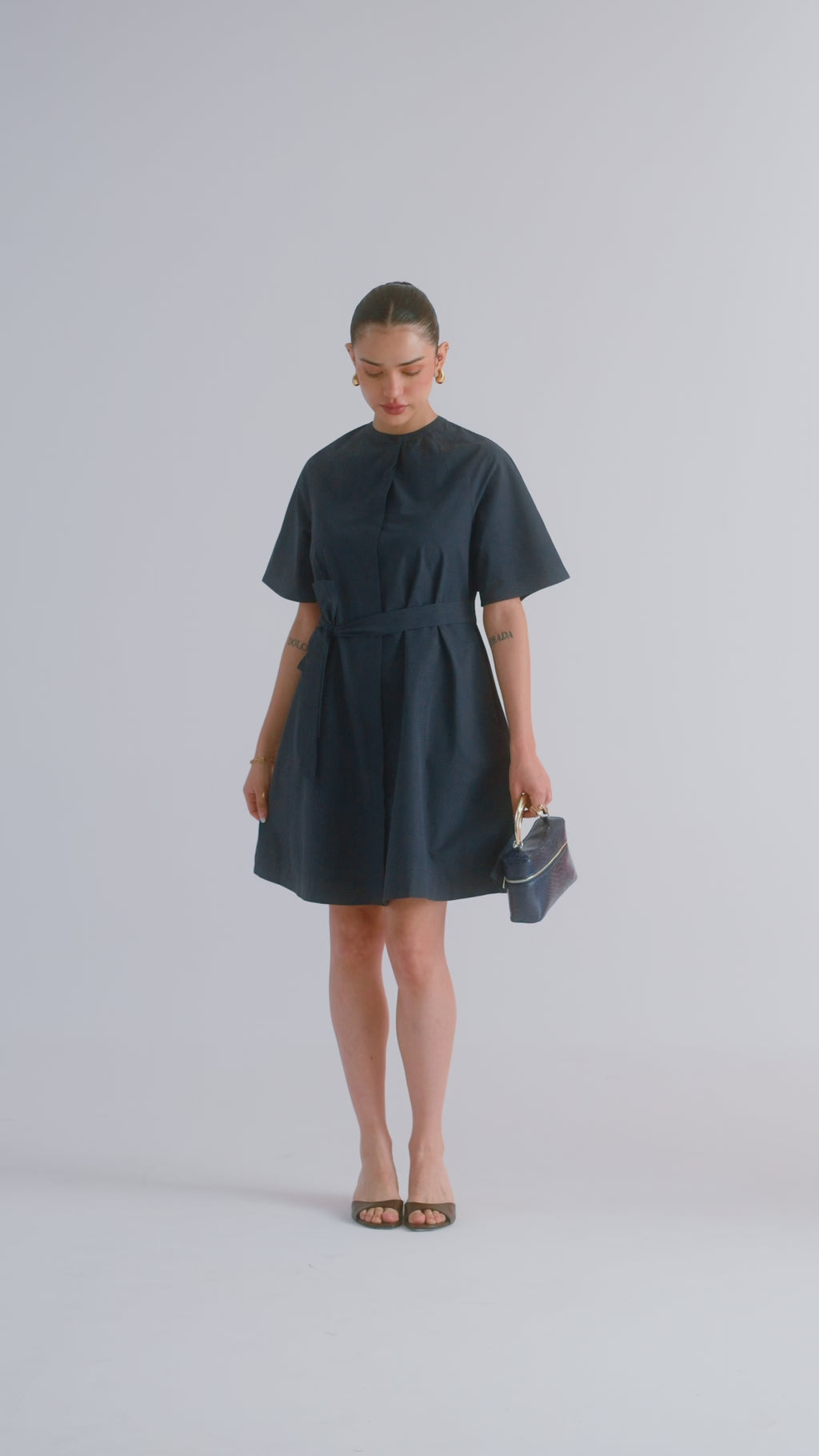 100% Cotton Poplin Trench-Style Mini Dress - Navy