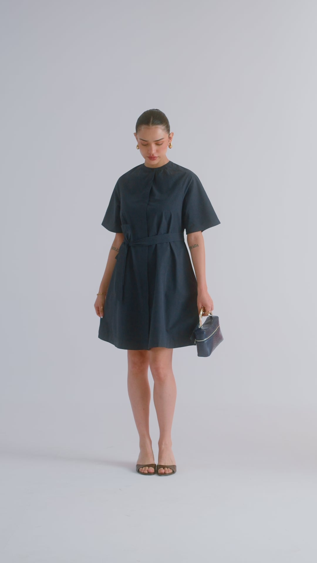 100% Cotton Poplin Trench-Style Mini Dress - Navy
