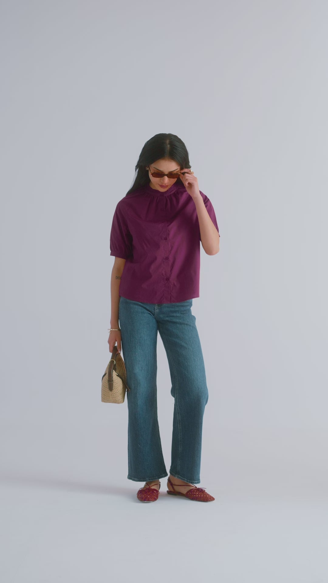 100% Cotton Poplin Frill-Neck Blouse - Wine