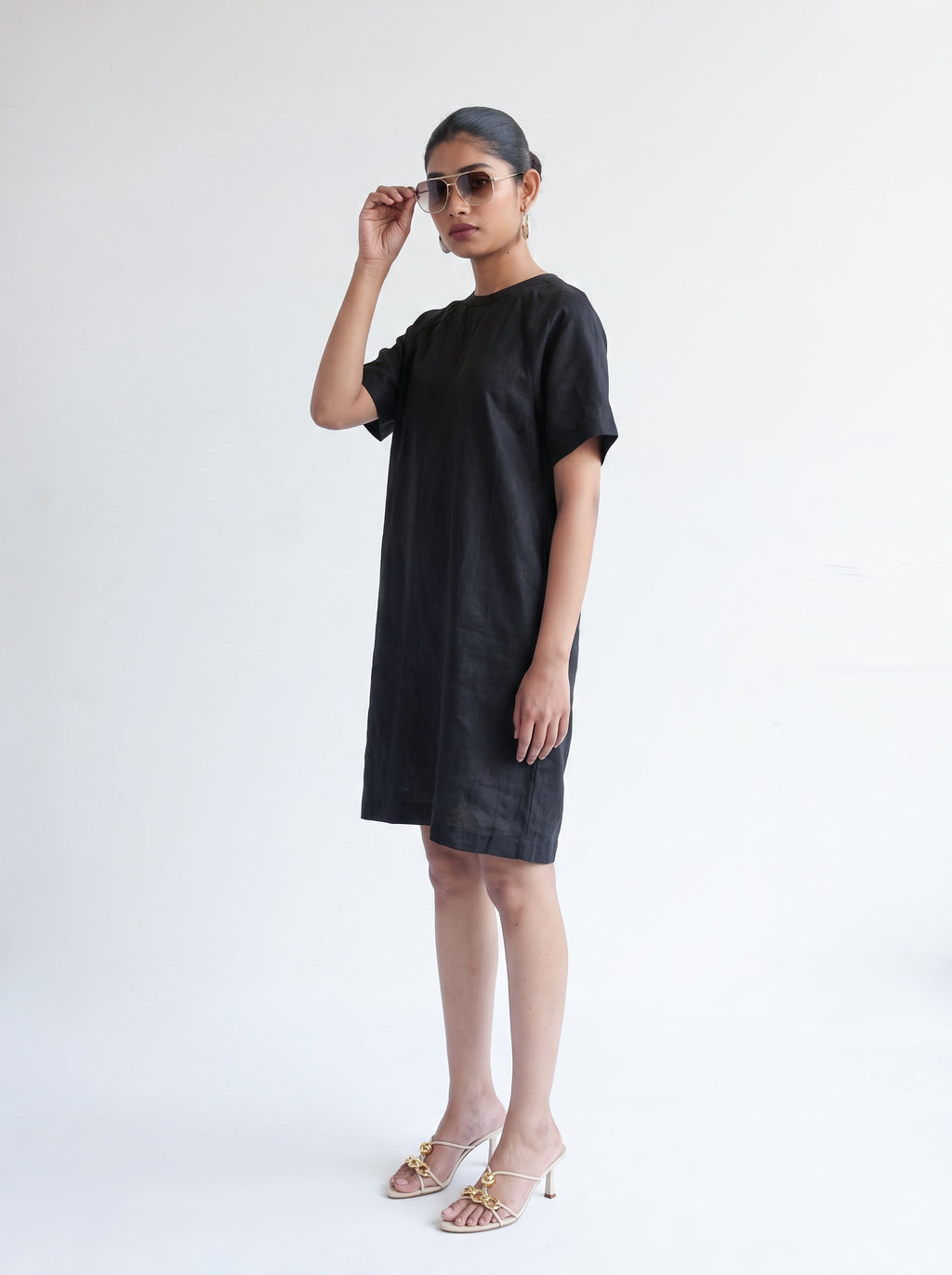 100% European Linen Easy Shift Dress - Black