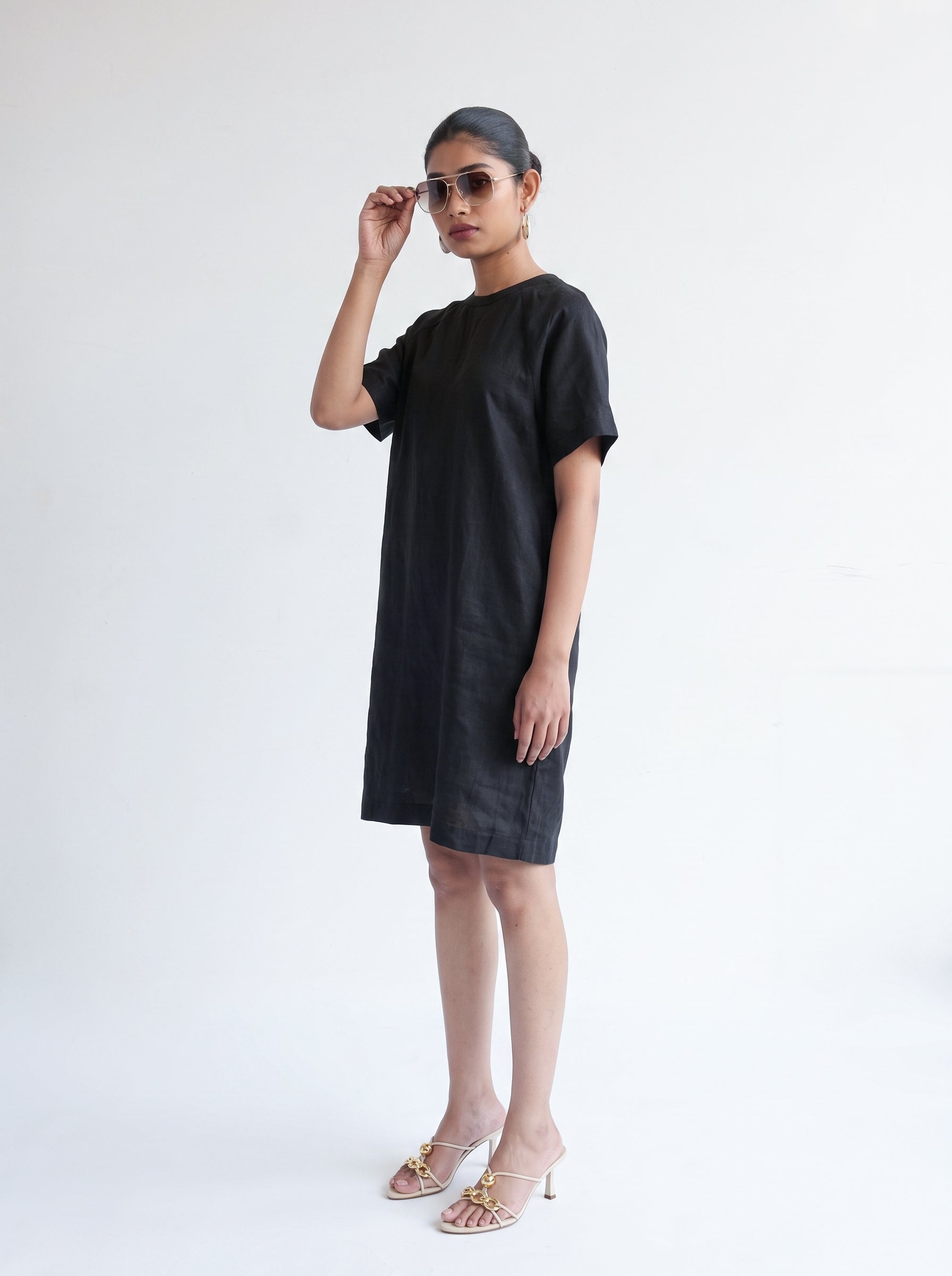 100% European Linen Easy Shift Dress - Black