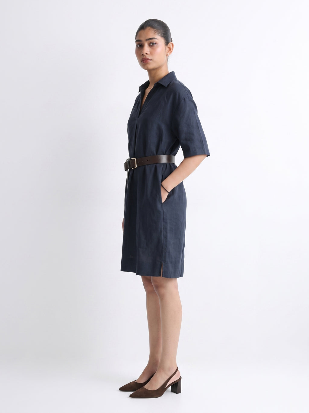 100% European Linen Popover Shirt Dress - Navy