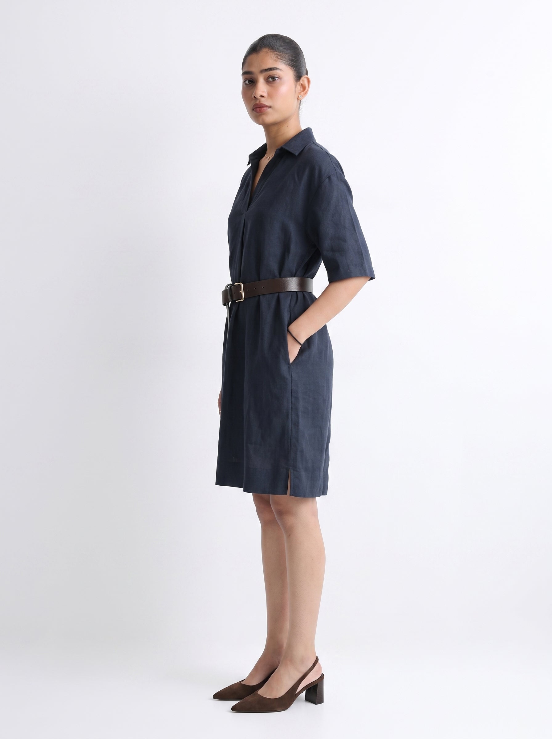 100% European Linen Popover Shirt Dress - Navy