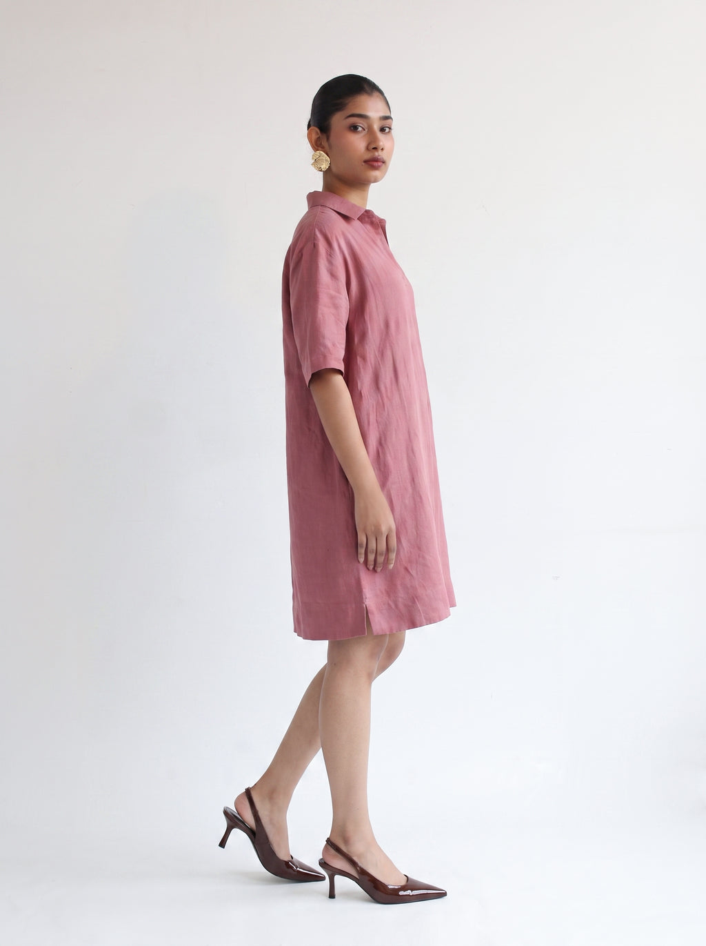 100% European Linen Popover Shirt Dress - Rose