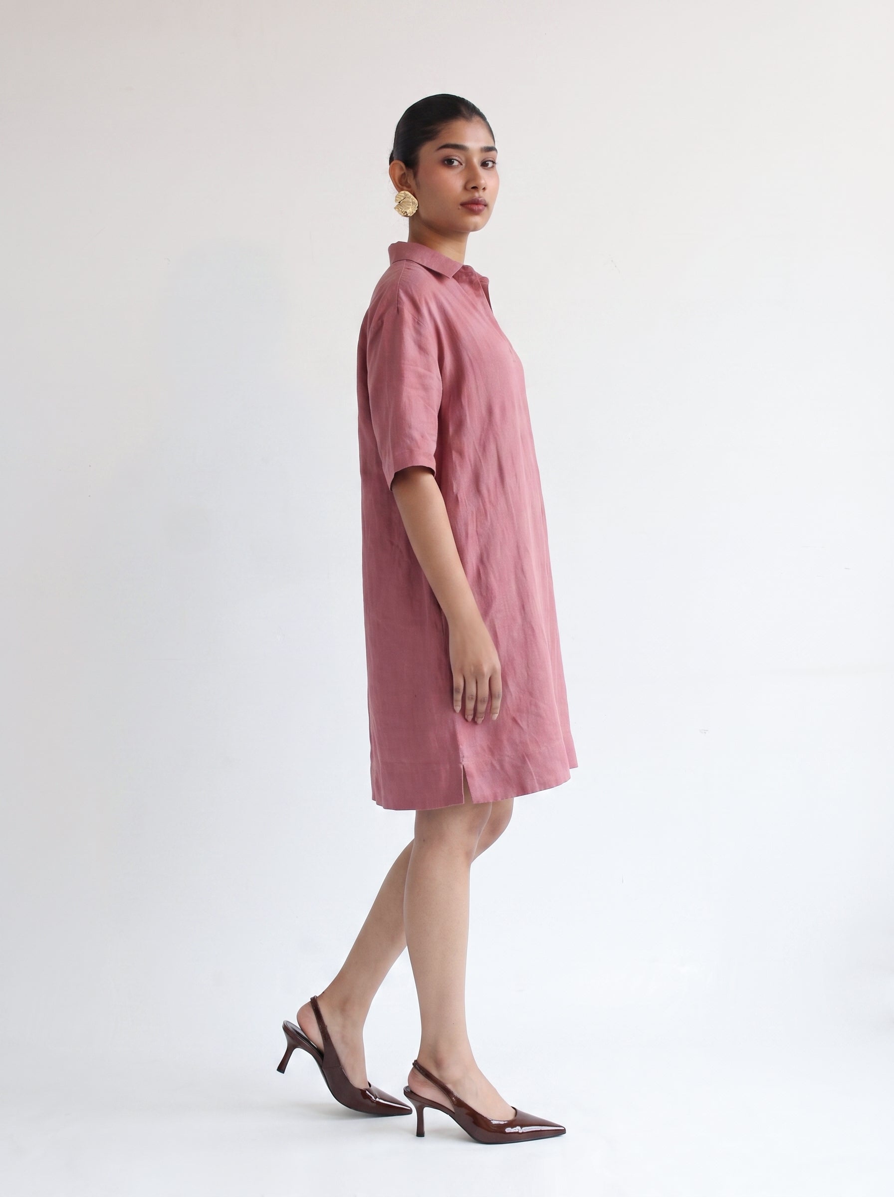 100% European Linen Popover Shirt Dress - Rose