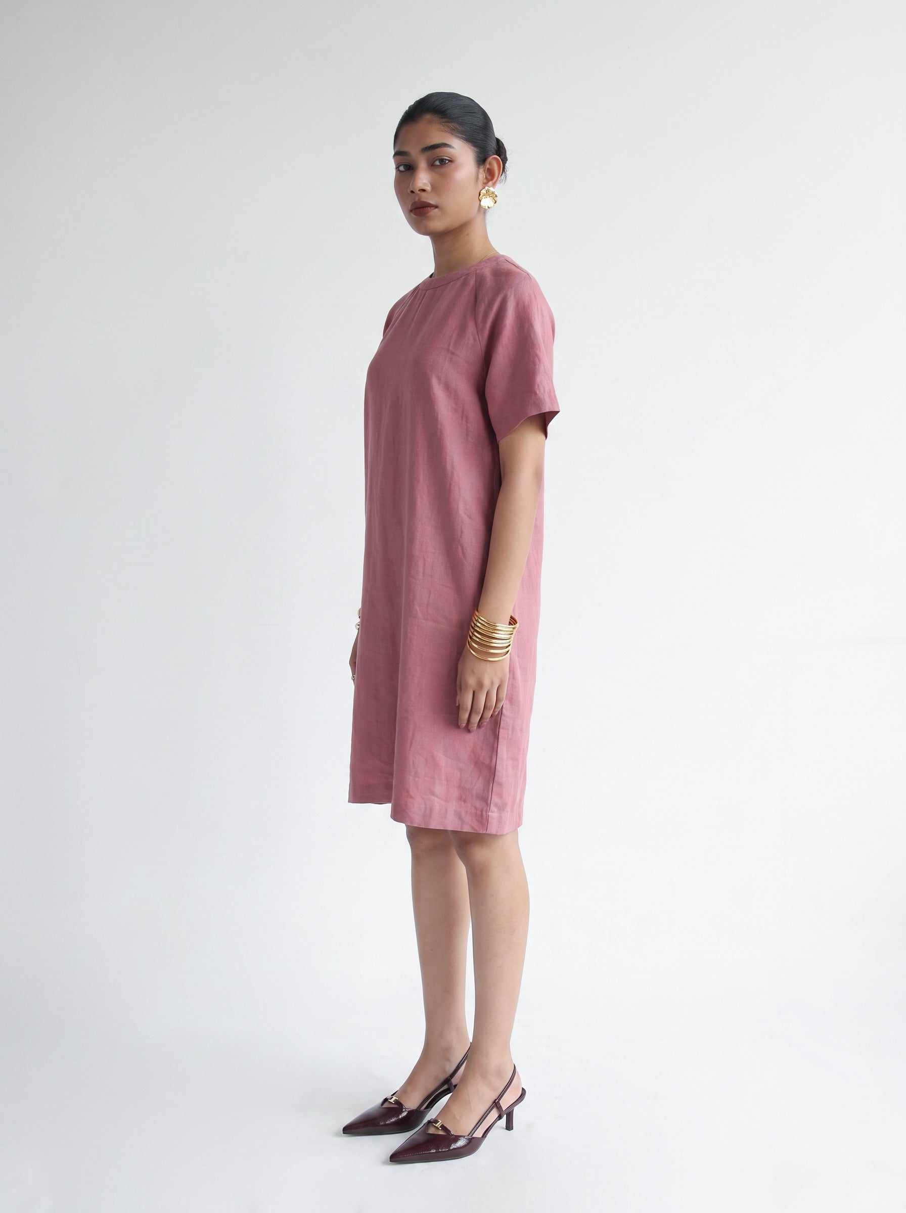 100% European Linen Easy Shift Dress - Rose