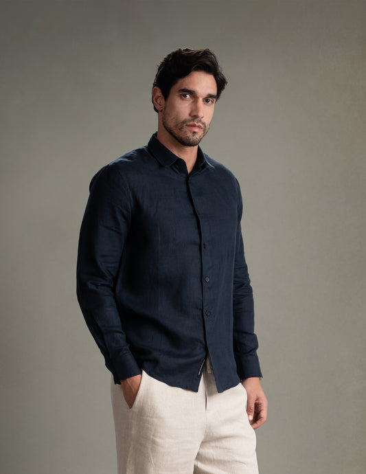 100% European Linen Classic Everyday Shirt - Maison X - Navy